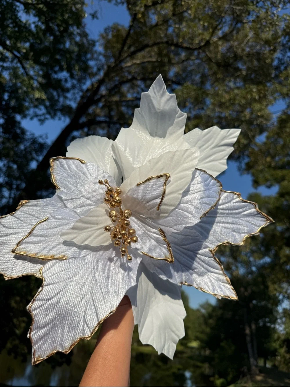 18 Large White Gold Poinsettia Floral Stems Bundle